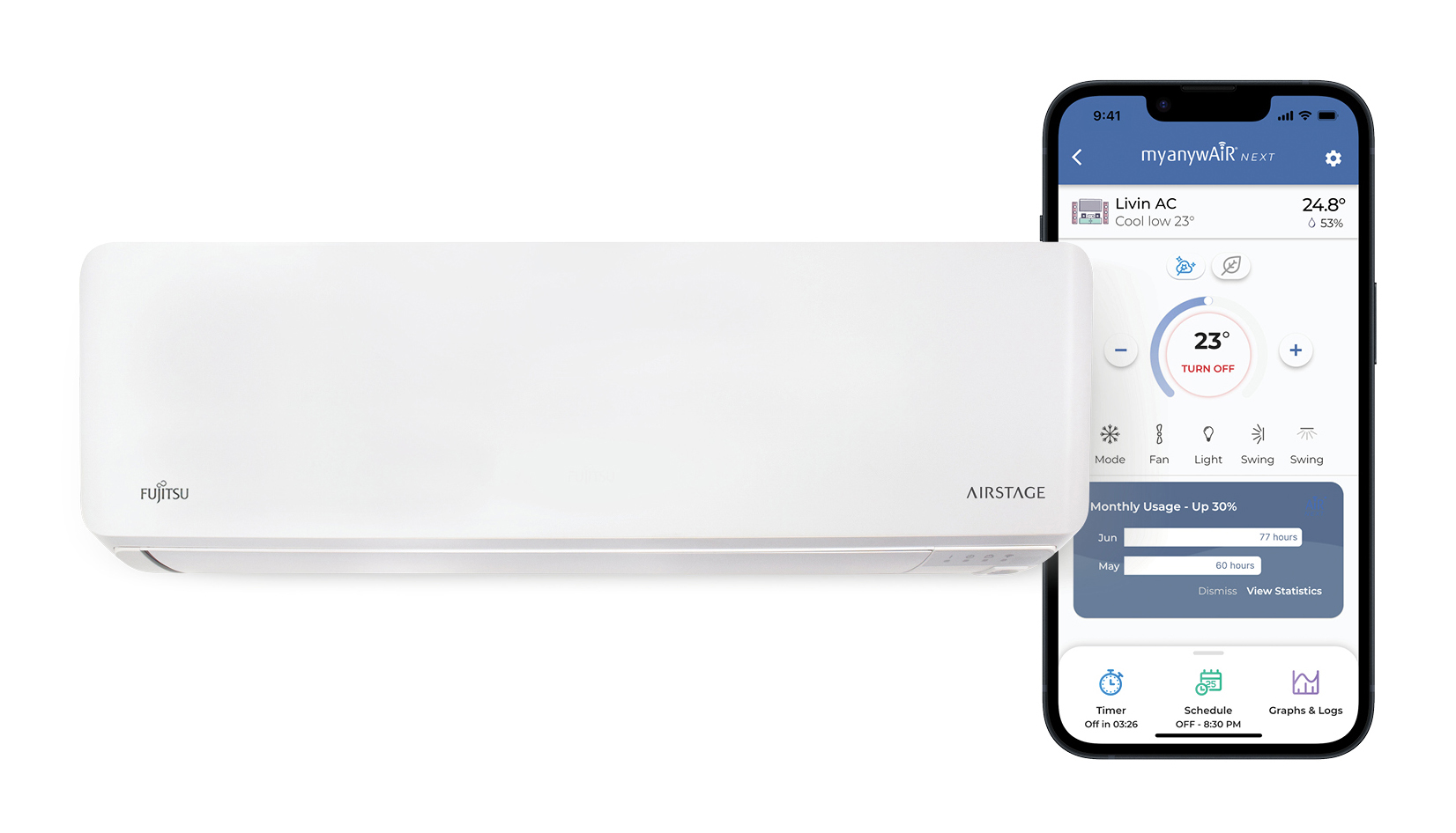 A Fujitsu General air conditioner and an iPhone with the myanywAiR Next app open on the screen