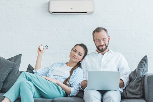 Two smiling people sitting relaxed on the couch with one person working on a laptop and another looking comfortable while using a heat pump/ air conditioner controller to control the temperature of the Lifestyle Range.