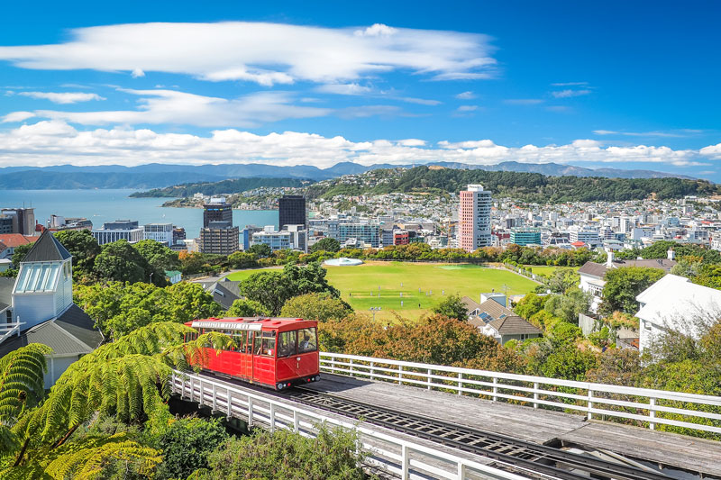 View of Wellington, New Zealand, featuring a red cable car travelling up a hill with the cityscape and harbour in the background. Clear blue skies and lush green foliage add vibrancy to the scene.